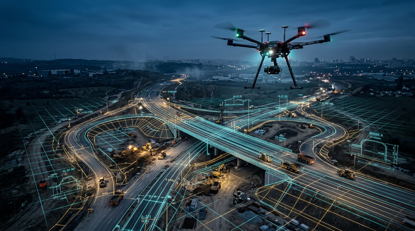 Drone surveying infrastructure construction site with BIM digital overlay
